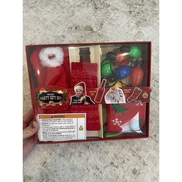 Holiday Party Gift Set Santa Bottle‎ Opener Koozie Socks Light Necklace BNIB - Picture 1 of 4